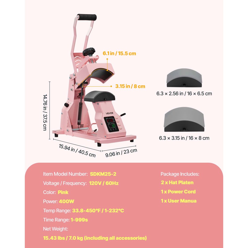 VEVOR Hat Heat Press Machine, with 2pcs Interchangeable Platens, Precise Temperature and Time Control, Hat Press for HTV Iron On and Sublimation Projects, for Caps, Headbands, Cuffs, Face Masks, Pink
