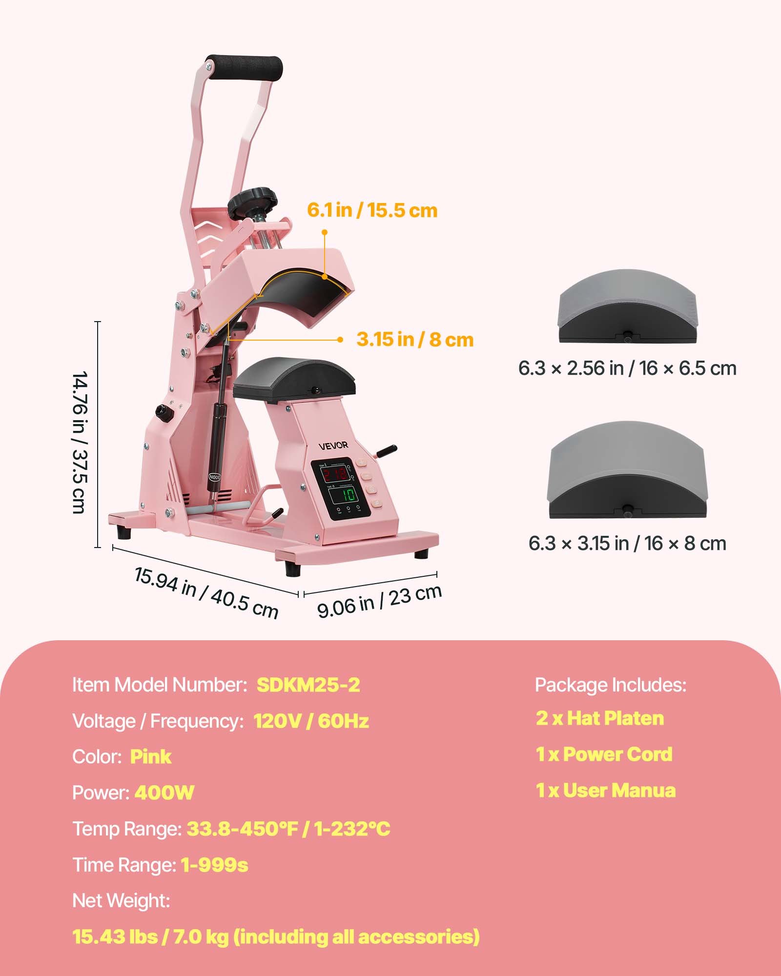 VEVOR Hat Heat Press Machine, with 2pcs Interchangeable Platens, Precise Temperature and Time Control, Hat Press for HTV Iron On and Sublimation Projects, for Caps, Headbands, Cuffs, Face Masks, Pink