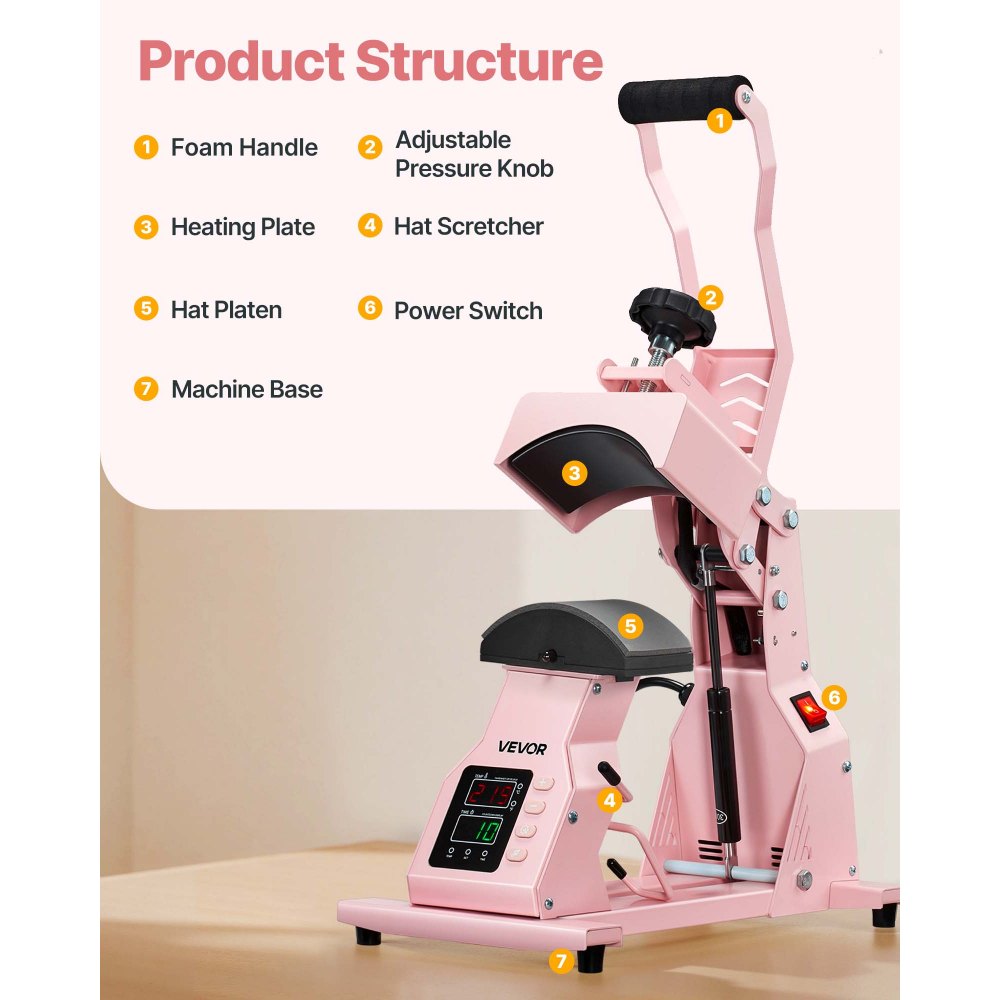 VEVOR Hat Heat Press Machine, with 4pcs Interchangeable Platens, Precise Temperature and Time Control, Hat Press for HTV Iron On and Sublimation Projects, for Caps, Headbands, Cuffs, Face Masks, Pink