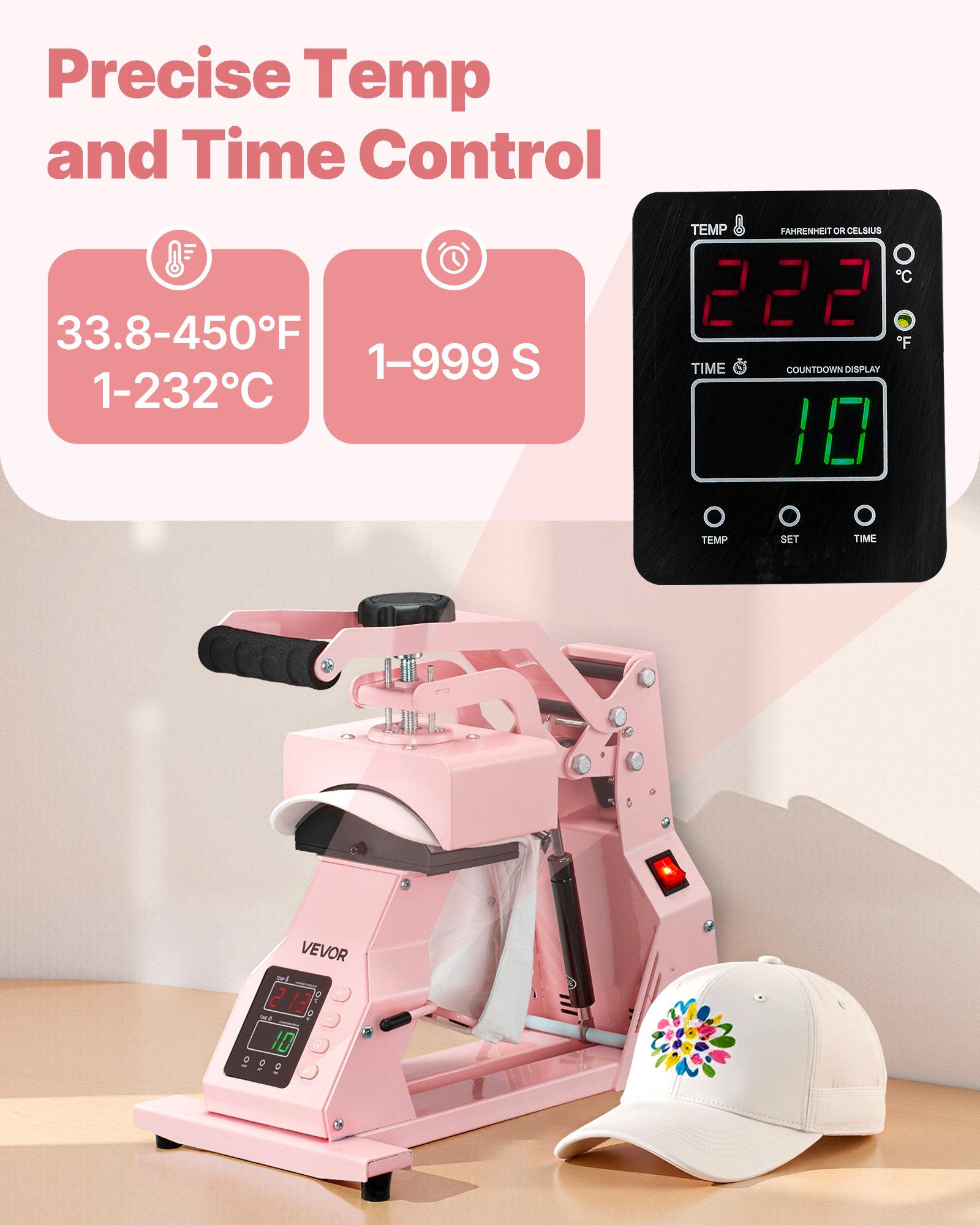 VEVOR Hat Heat Press Machine, with 4pcs Interchangeable Platens, Precise Temperature and Time Control, Hat Press for HTV Iron On and Sublimation Projects, for Caps, Headbands, Cuffs, Face Masks, Pink