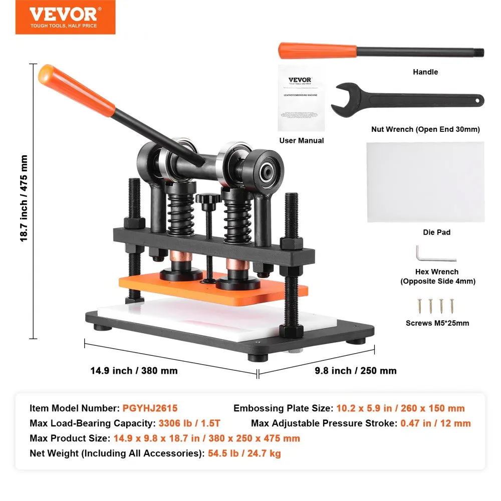 VEVOR Leather Cutting Machine, 25.9 x 15 cm Embossing Plate Manual Die Cutter, 1.2 cm Pressure Stroke Leather Embossing Machine, Dual Guide Shafts Die Cut Machine for Various of Materials