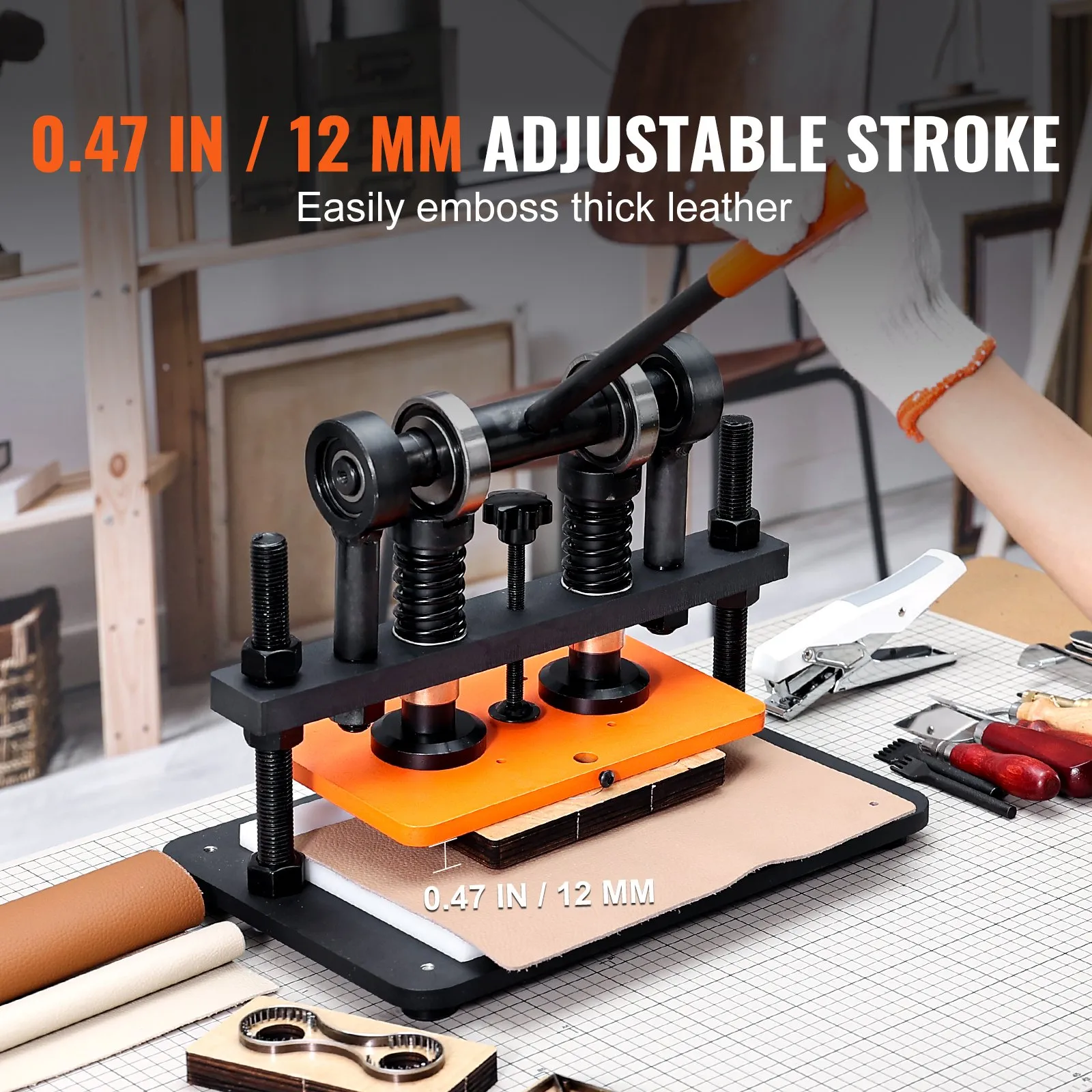 VEVOR Leather Cutting Machine, 25.9 x 15 cm Embossing Plate Manual Die Cutter, 1.2 cm Pressure Stroke Leather Embossing Machine, Dual Guide Shafts Die Cut Machine for Various of Materials