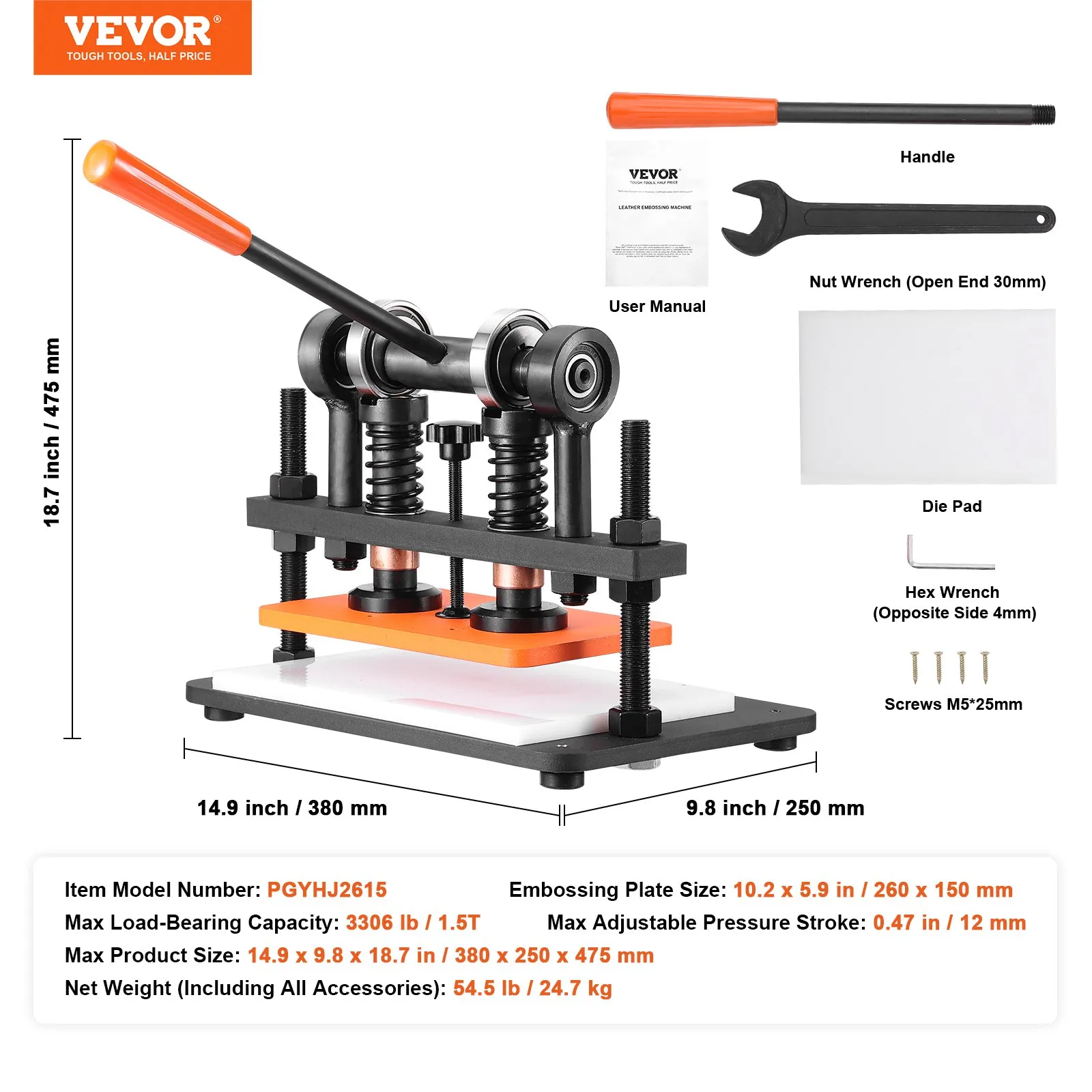 VEVOR Leather Cutting Machine, 25.9 x 15 cm Embossing Plate Manual Die Cutter, 1.2 cm Pressure Stroke Leather Embossing Machine, Dual Guide Shafts Die Cut Machine for Various of Materials