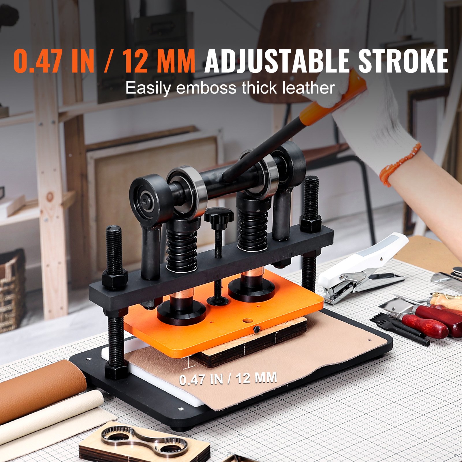 VEVOR Leather Cutting Machine, 10.2 x 5.9 in Embossing Plate Manual Die Cutter, 0.47 in Pressure Stroke Dual Guide Shafts Die Cut Machine, Leather Embossing Machine for Various of Materials