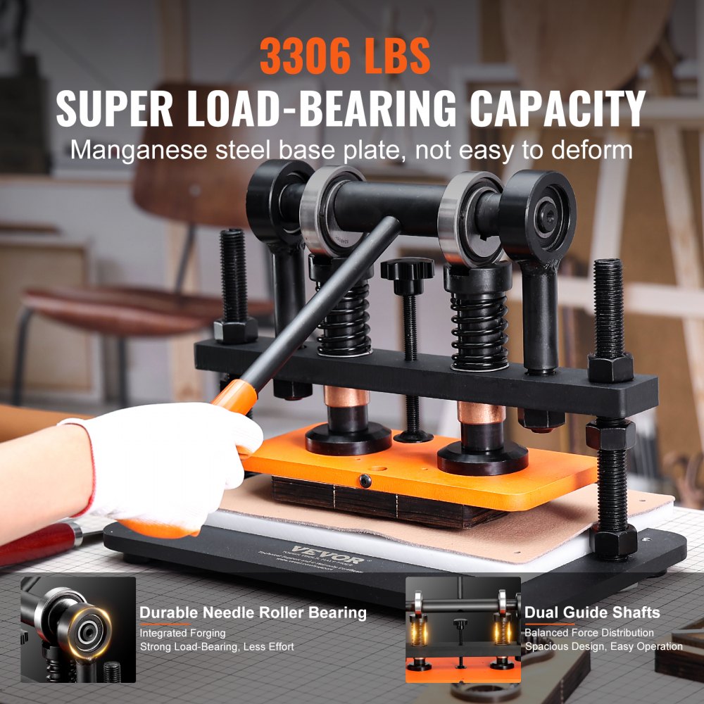 VEVOR leather cutting machine with 3306 lbs load-bearing capacity, durable needle roller bearing, dual guide shafts.