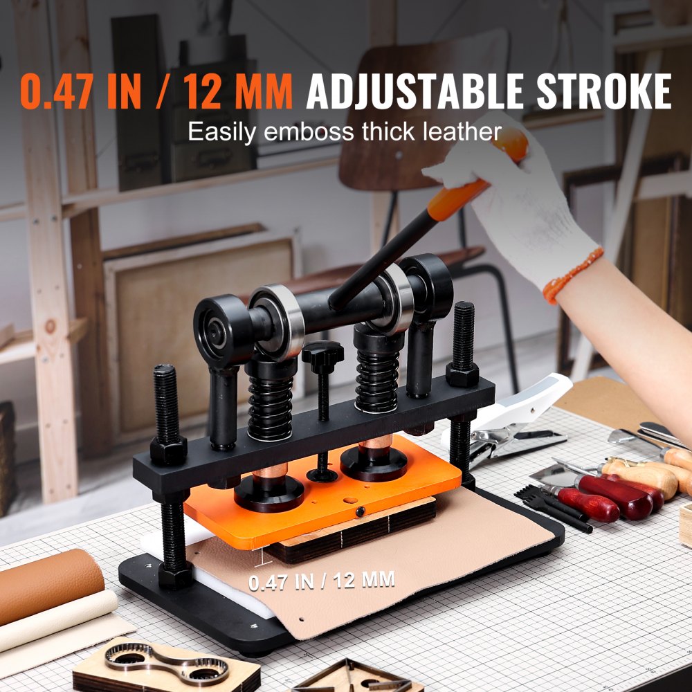 VEVOR leather cutting machine with 0.47 in / 12 mm adjustable stroke for embossing thick leather.