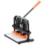 VEVOR leather cutting machine with orange handle and metal spring mechanism on a black and white base.