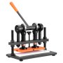 metal VEVOR leather cutting machine with an orange handle and sturdy black frame.