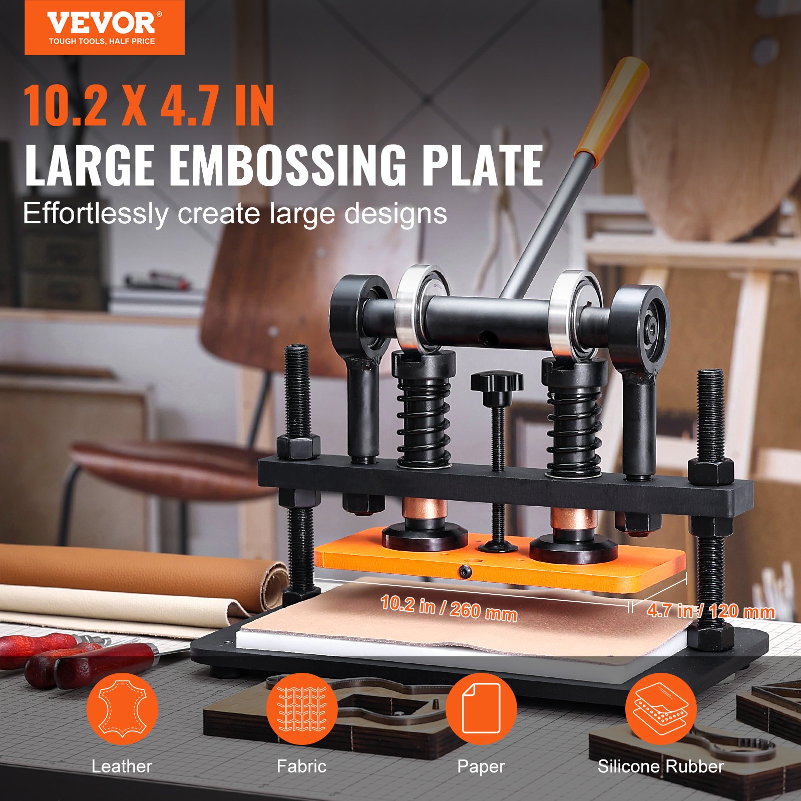 VEVOR leather cutting machine with large embossing plate for leather, fabric, paper, and silicone rubber.