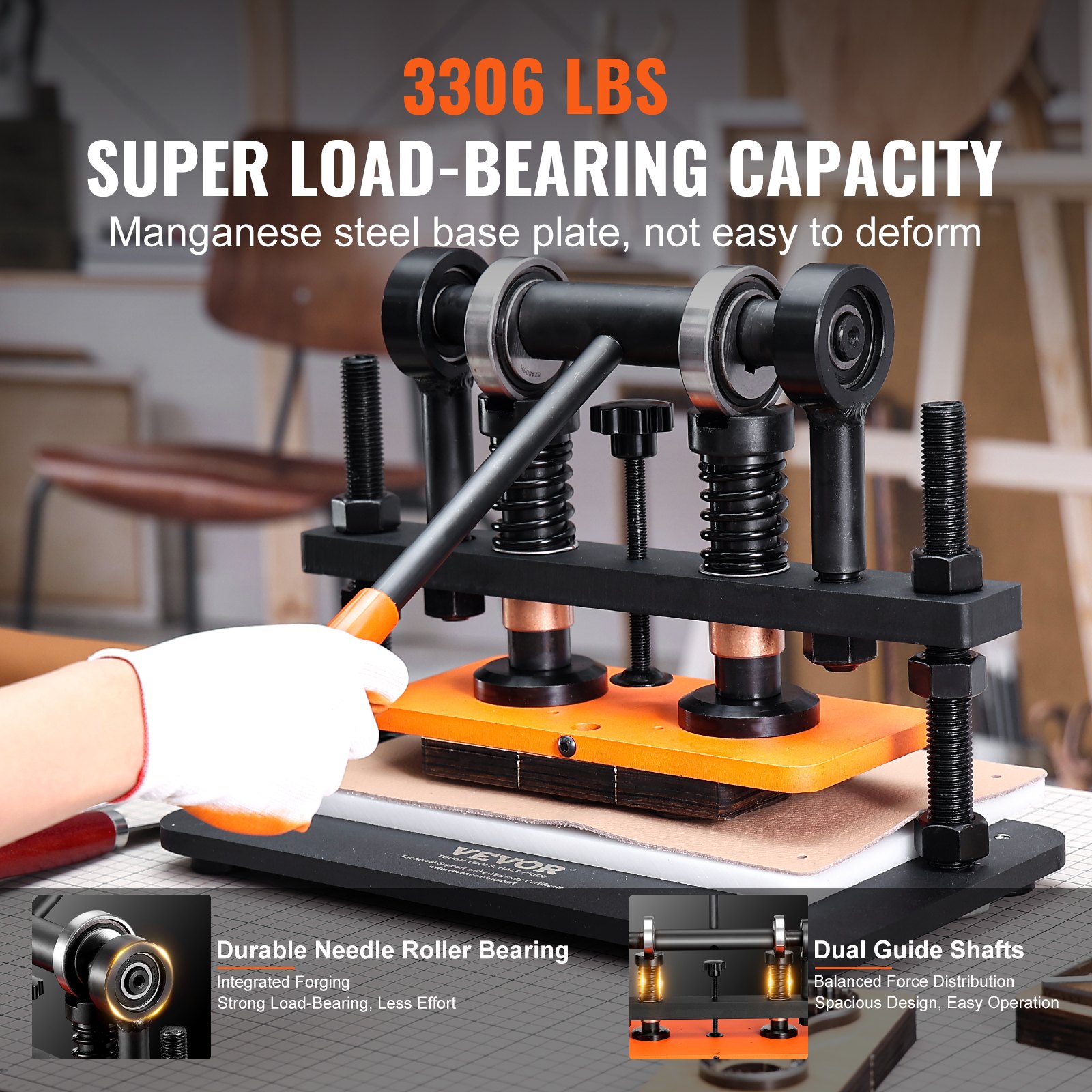 VEVOR leather cutting machine with 3306 lbs load-bearing capacity, durable needle roller bearing, dual guide shafts.