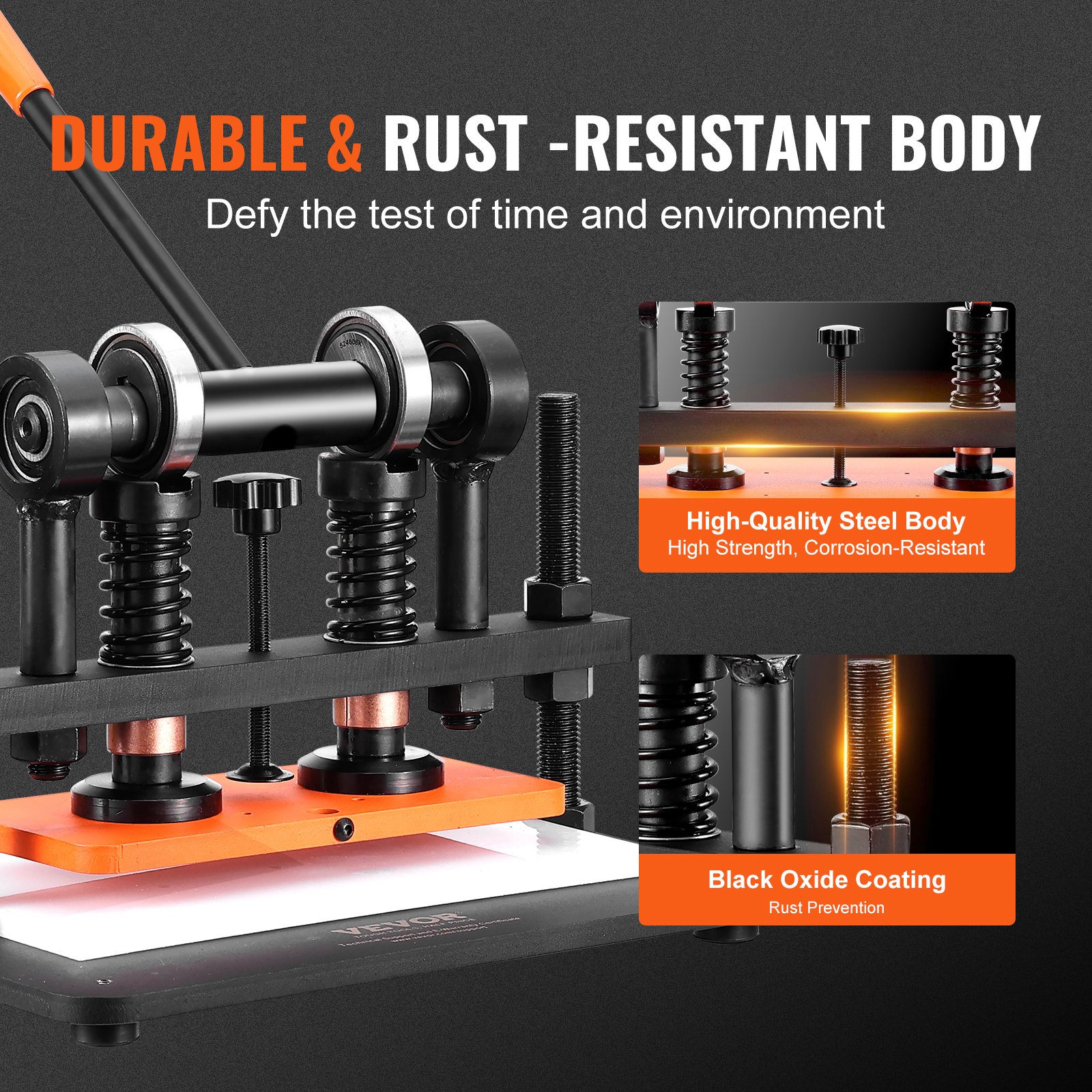 VEVOR leather cutting machine with durable, rust-resistant steel body, and black oxide coating for protection.