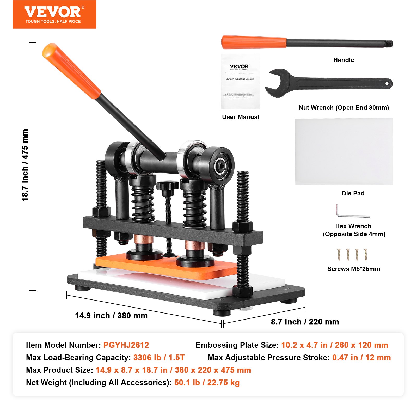 VEVOR leather cutting machine with handle, user manual, nut wrench, die pad, hex wrench, and screws.