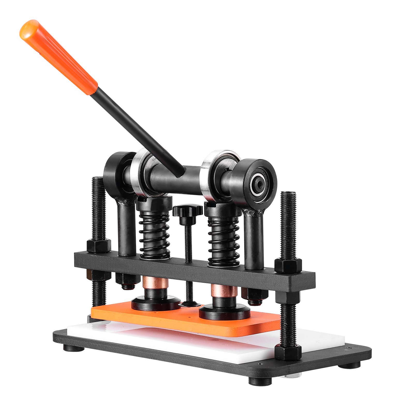 VEVOR leather cutting machine with orange handle and black support springs on a sturdy base.