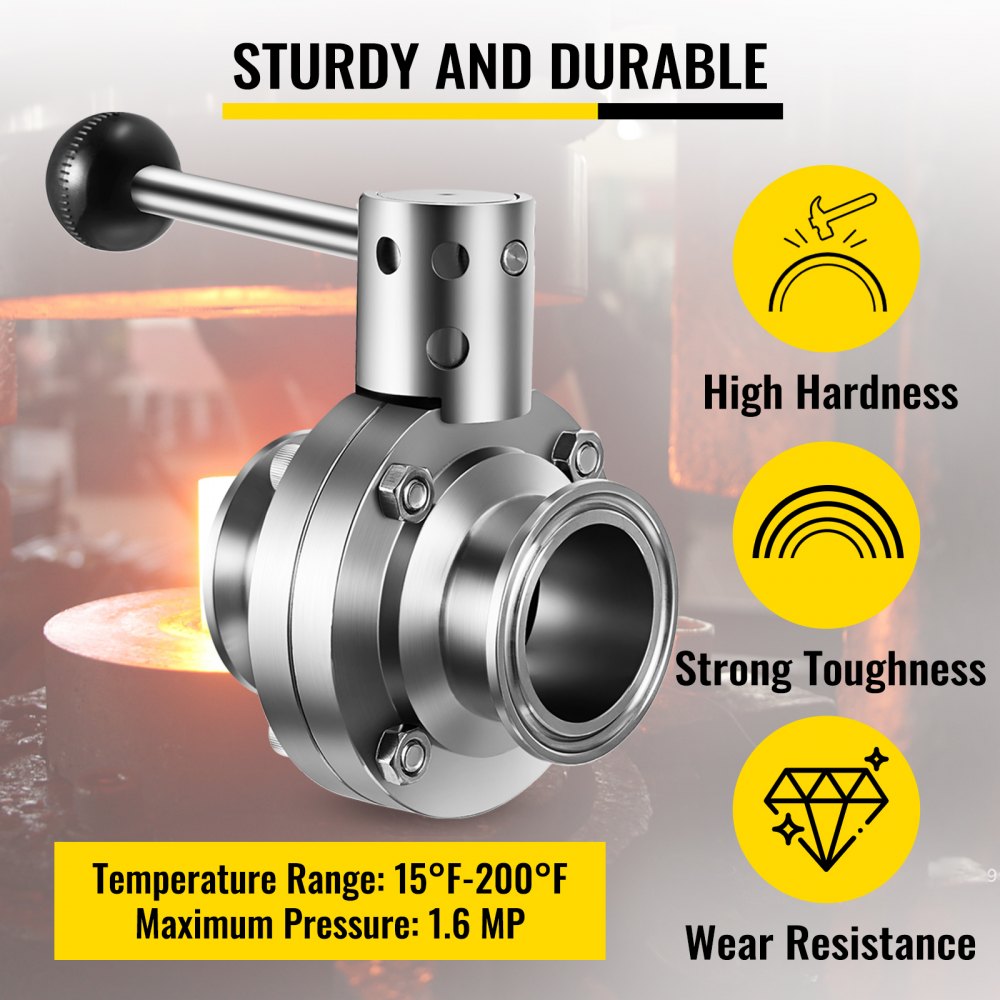 VEVOR Sanitary Butterfly Valve 1 Pack Stainless Butterfly Valve 4" Tube Outer Diameter Triclamp Butterfly Valve 304 Stainless Steel Sample Valve Tri Clamp
with Pull Handle for Controlling the Fluid