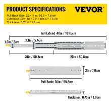 VEVOR Drawer Slides with Dual Lock, 1 Pair 20 inch, Heavy-Duty Industrial Steel up to 500 lbs Capacity, 3-Fold Full Extension, Ball Bearing Lock-in & Lock-Out, Side Mount