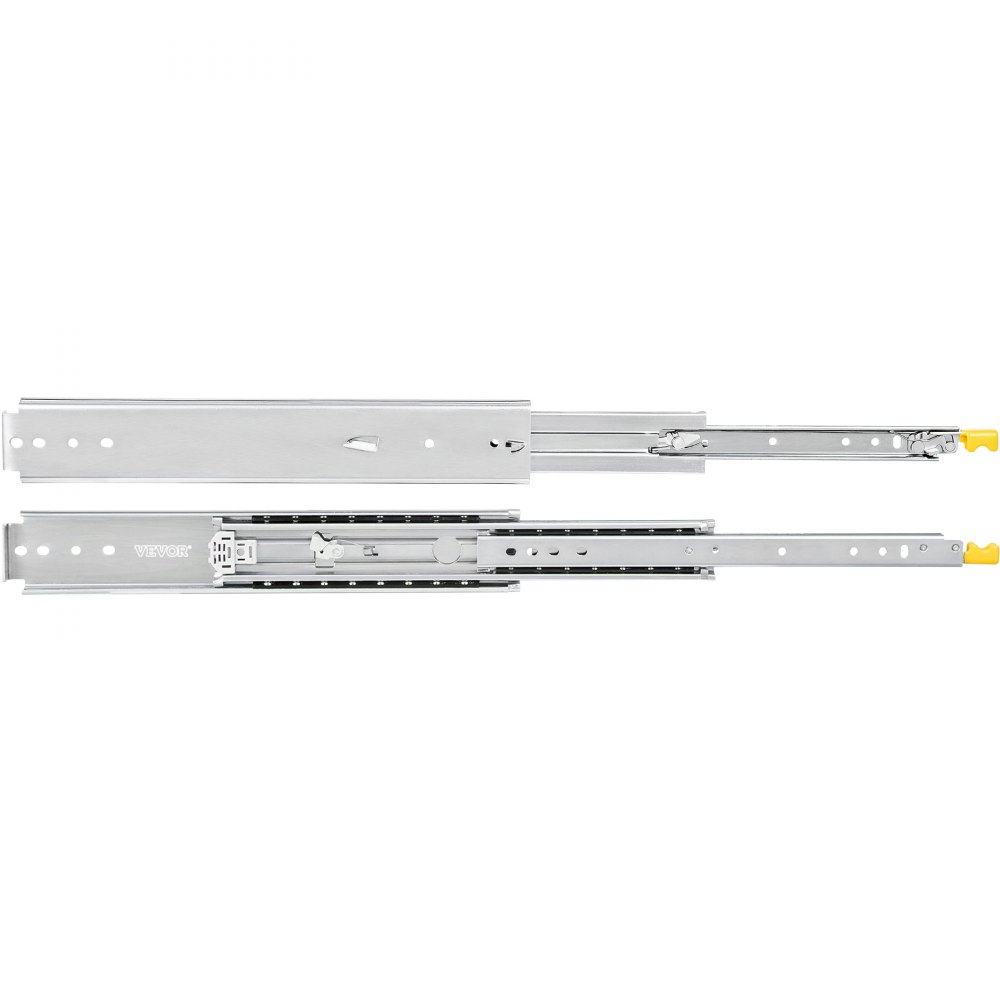 VEVOR drawer slides in stainless steel with yellow latches for mounting drawers.