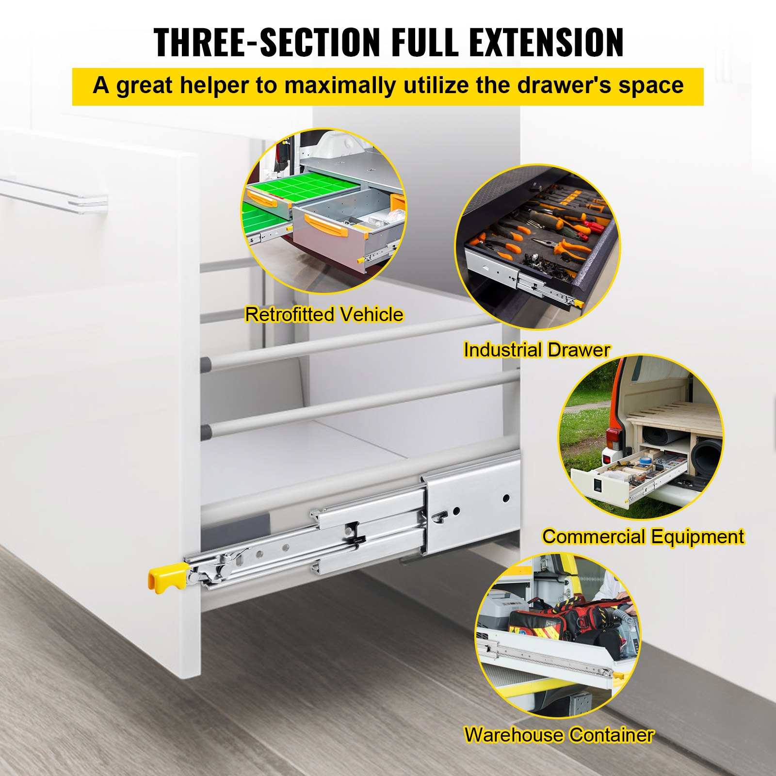 three-section full extension VEVOR drawer slides for optimal drawer space utilization.