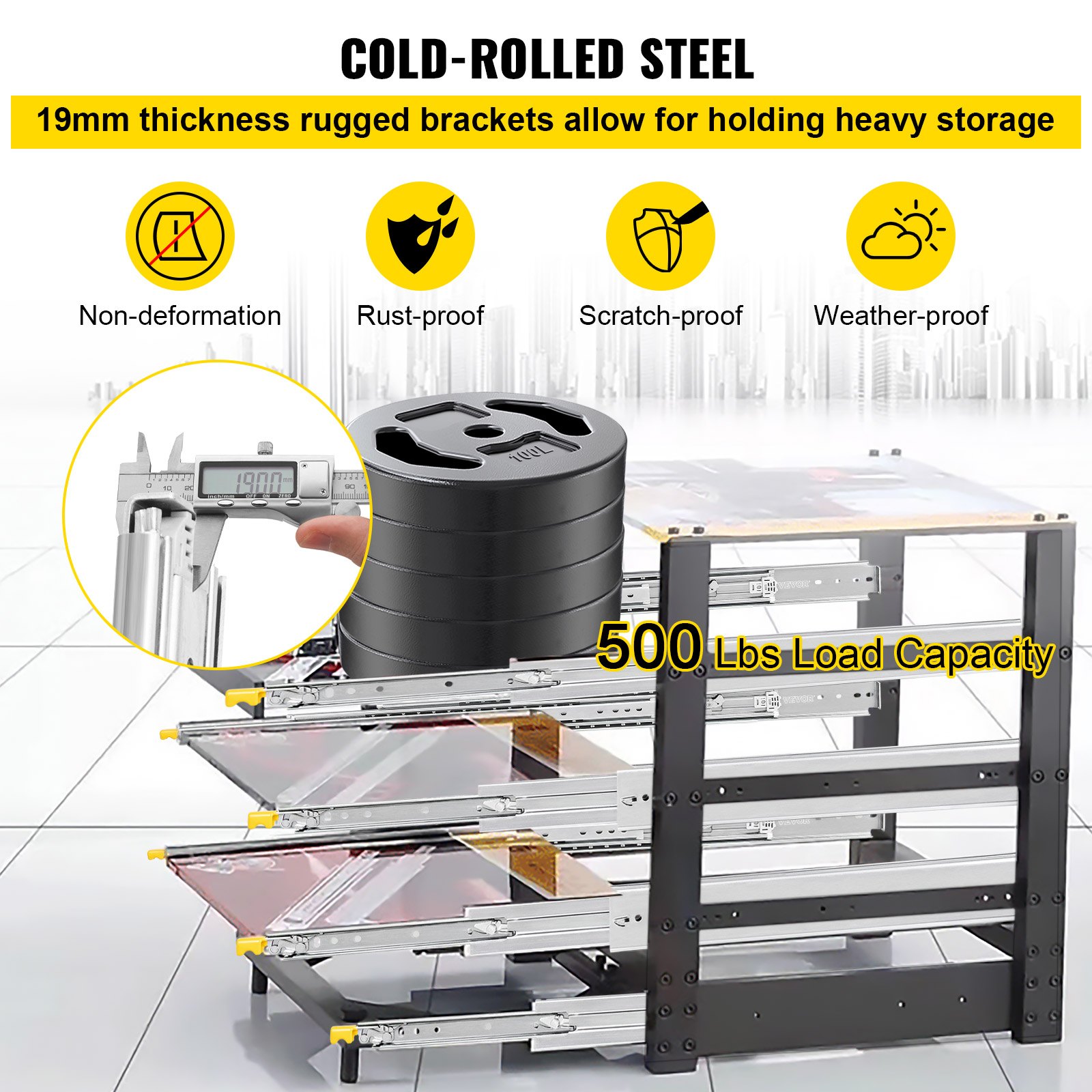 cold-rolled steel VEVOR drawer slides with 19mm brackets, 500 lbs load capacity.