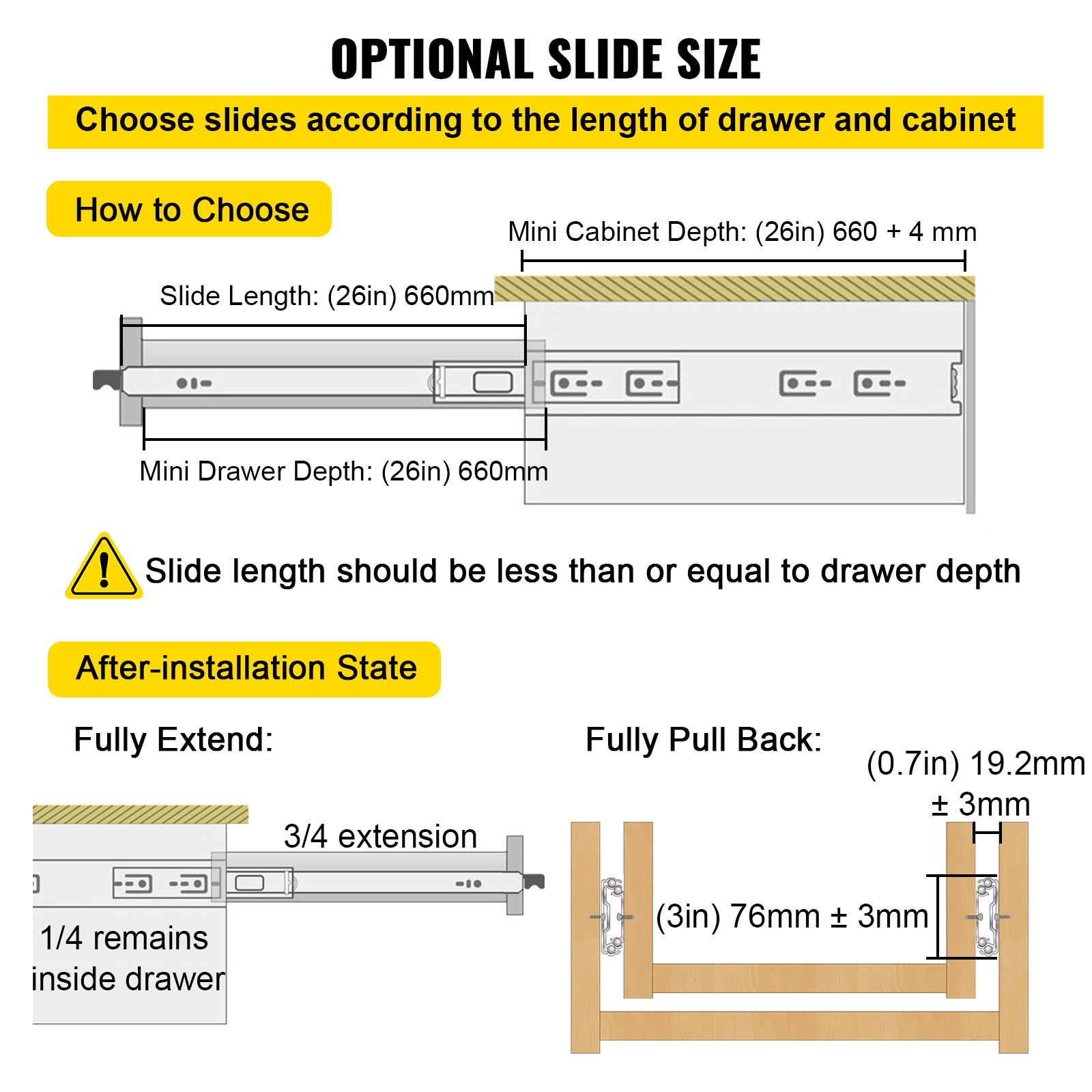 choosing VEVOR drawer slides by appropriate drawer and cabinet length measurements.