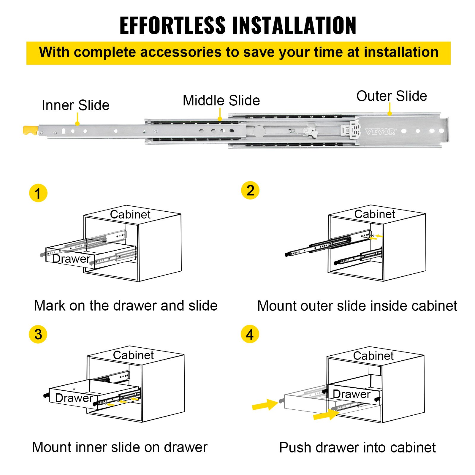 VEVOR drawer slides installation guide: mark, mount outer and inner slides, insert drawer.