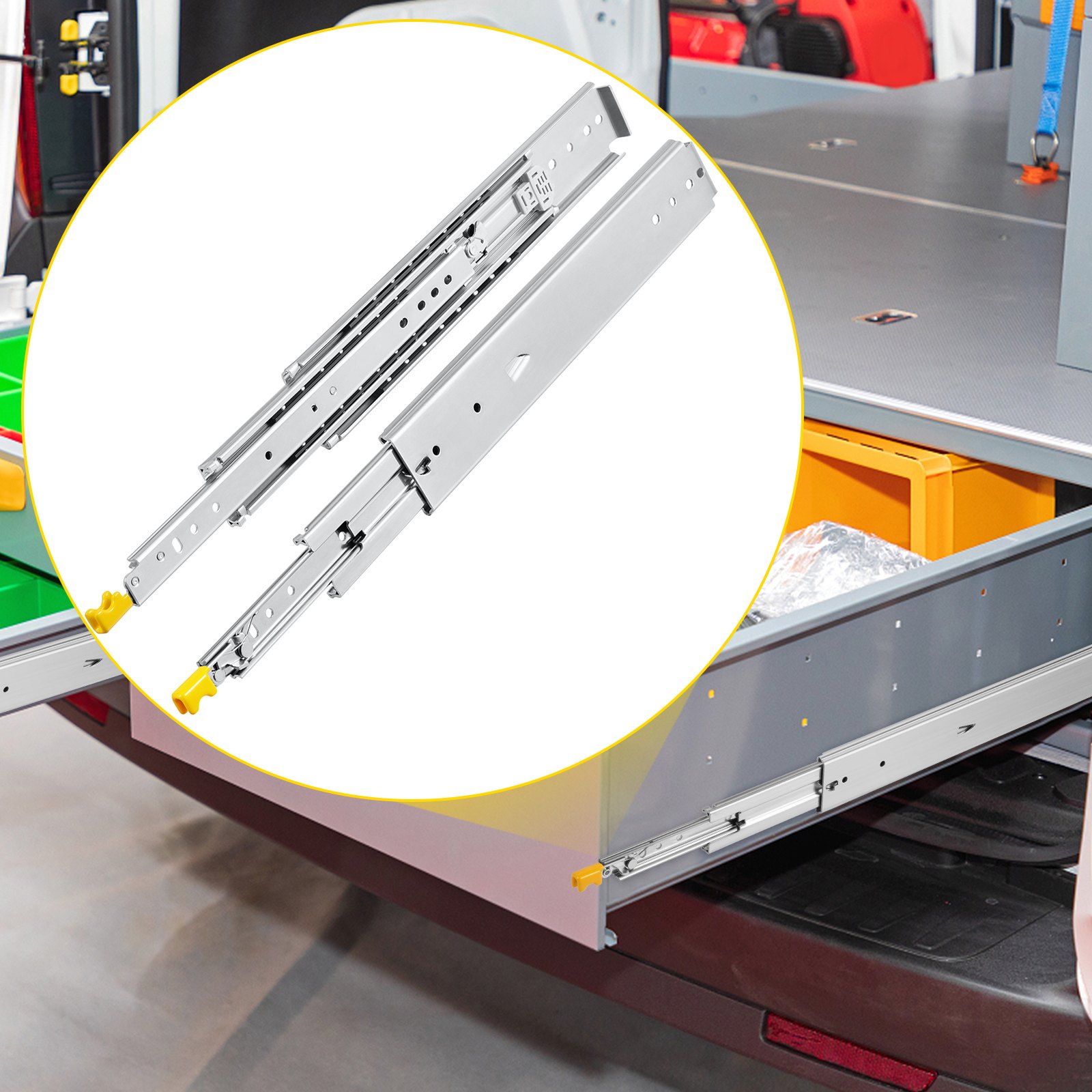 VEVOR drawer slides on a workbench with extended sliding drawer and storage boxes.