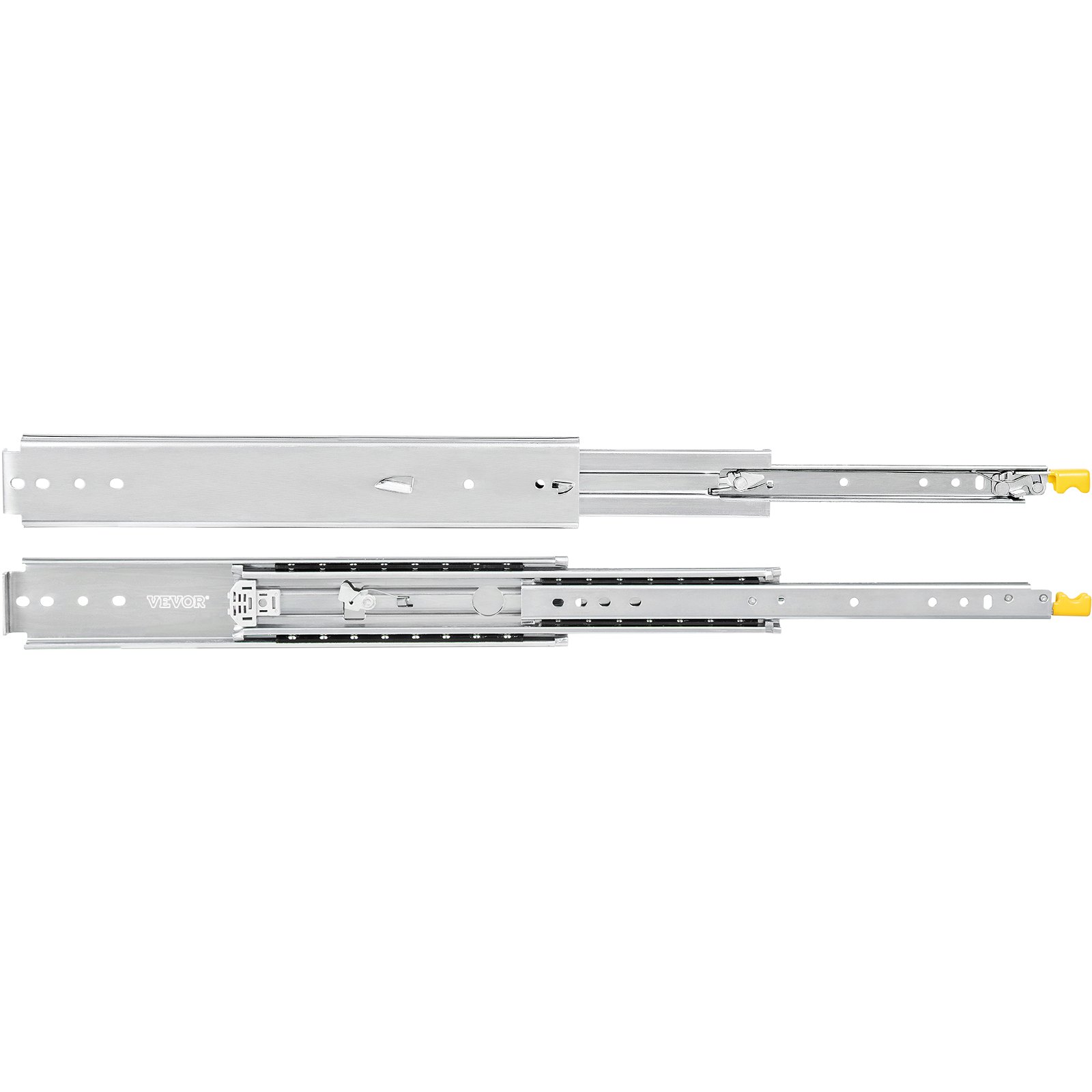 VEVOR drawer slides in stainless steel with yellow latches for mounting drawers.