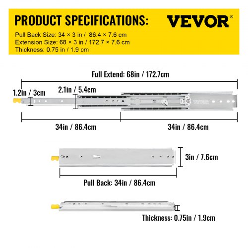 VEVOR Drawer Slides with Lock, 1 Pair 34 inch, Heavy-duty Industrial Steel up to 500 lbs Capacity, 3-Fold Full Extension, Ball Bearing Lock-in & Lock-Out, Side Mount