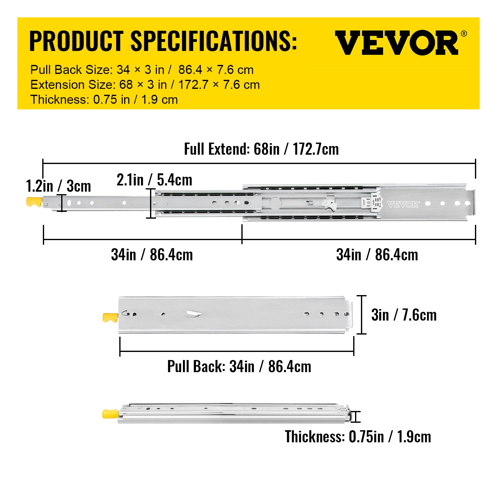 VEVOR drawer slides with dimensions and specifications highlighted in yellow.