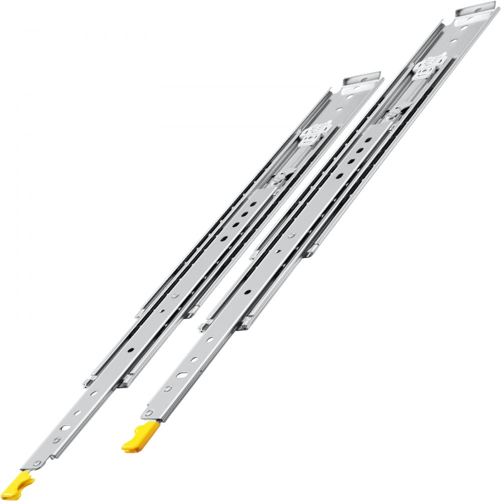 VEVOR drawer slides with yellow release triggers in extended position.