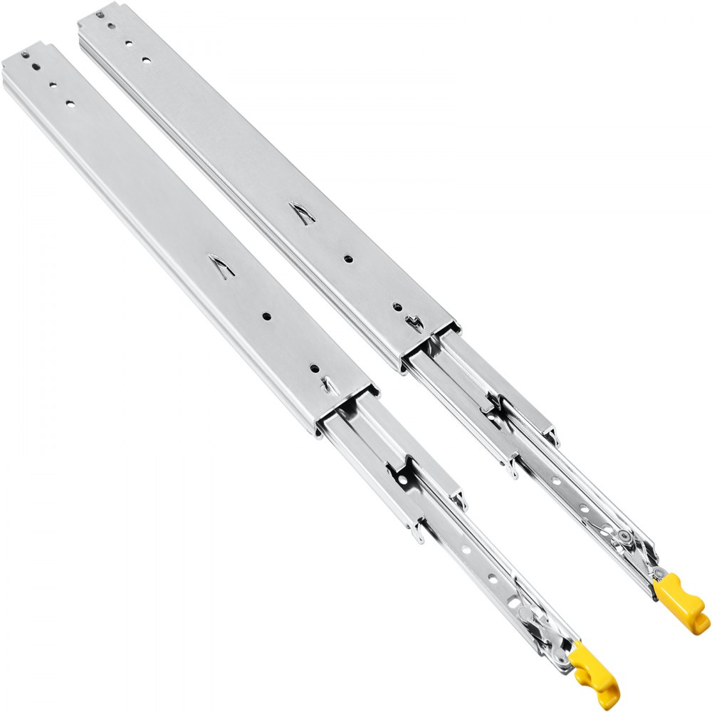 VEVOR drawer slides with yellow release levers and multiple mounting holes.