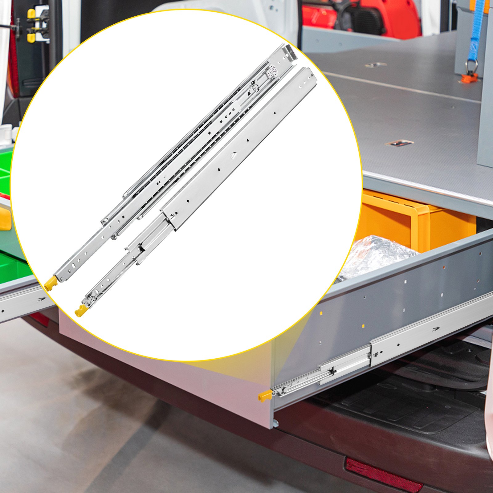 VEVOR drawer slides installed in a vehicle drawer system with yellow accents and storage.