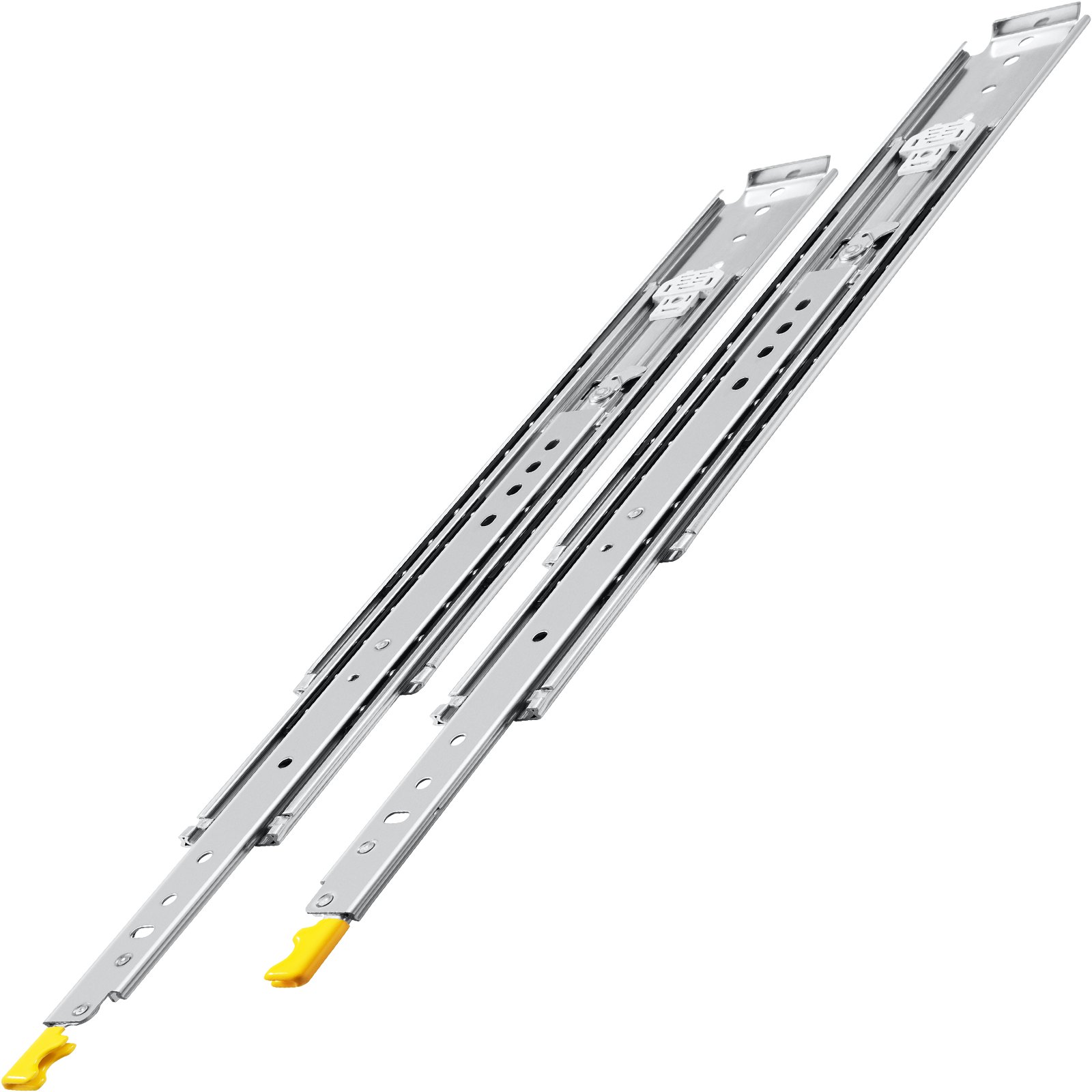 VEVOR drawer slides with yellow release triggers in extended position.