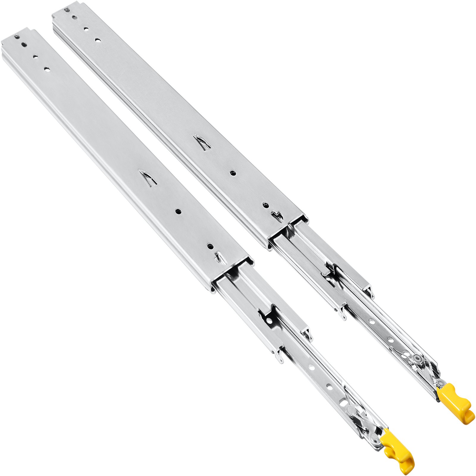 VEVOR drawer slides with yellow release levers and multiple mounting holes.