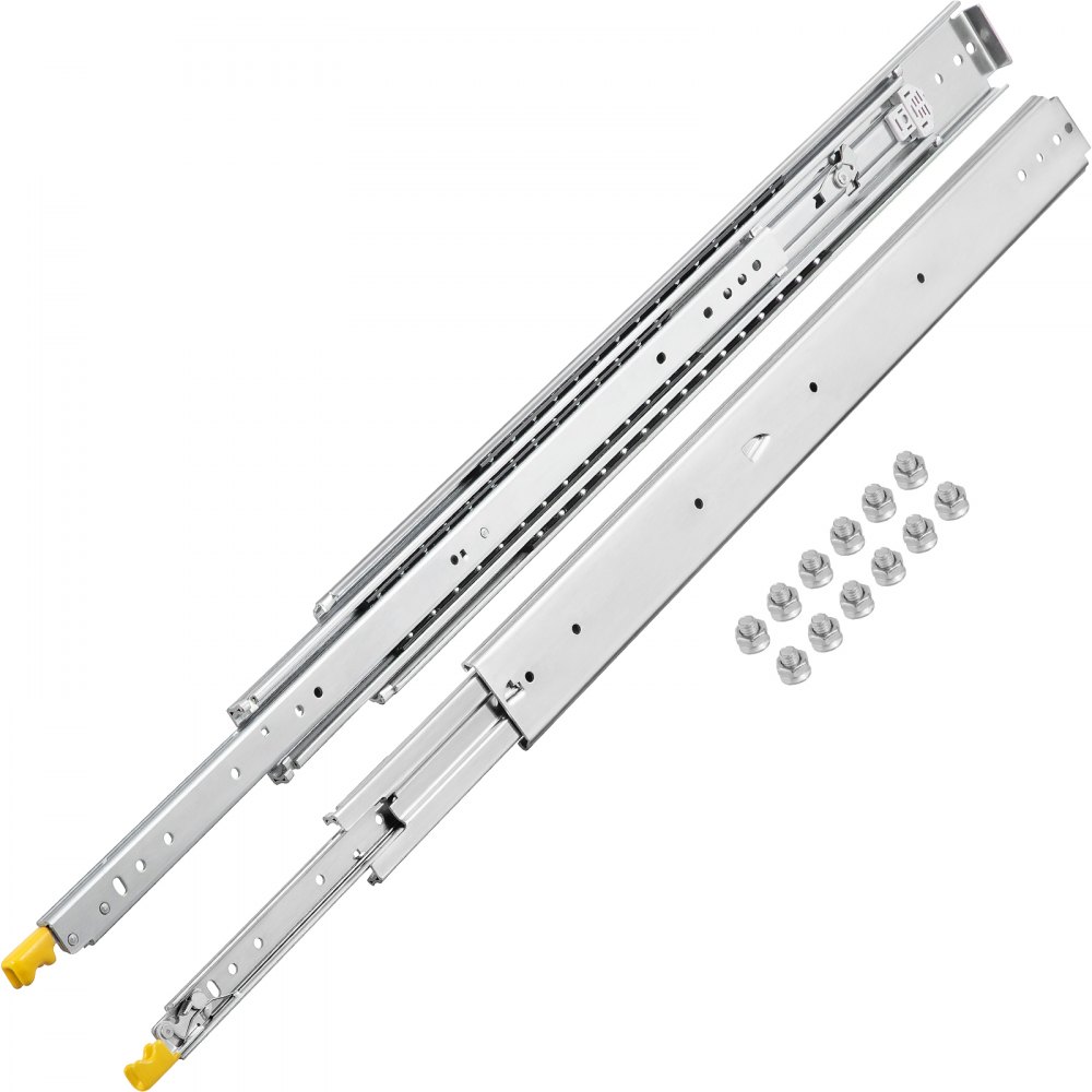 VEVOR drawer slides with yellow end caps and included mounting screws.