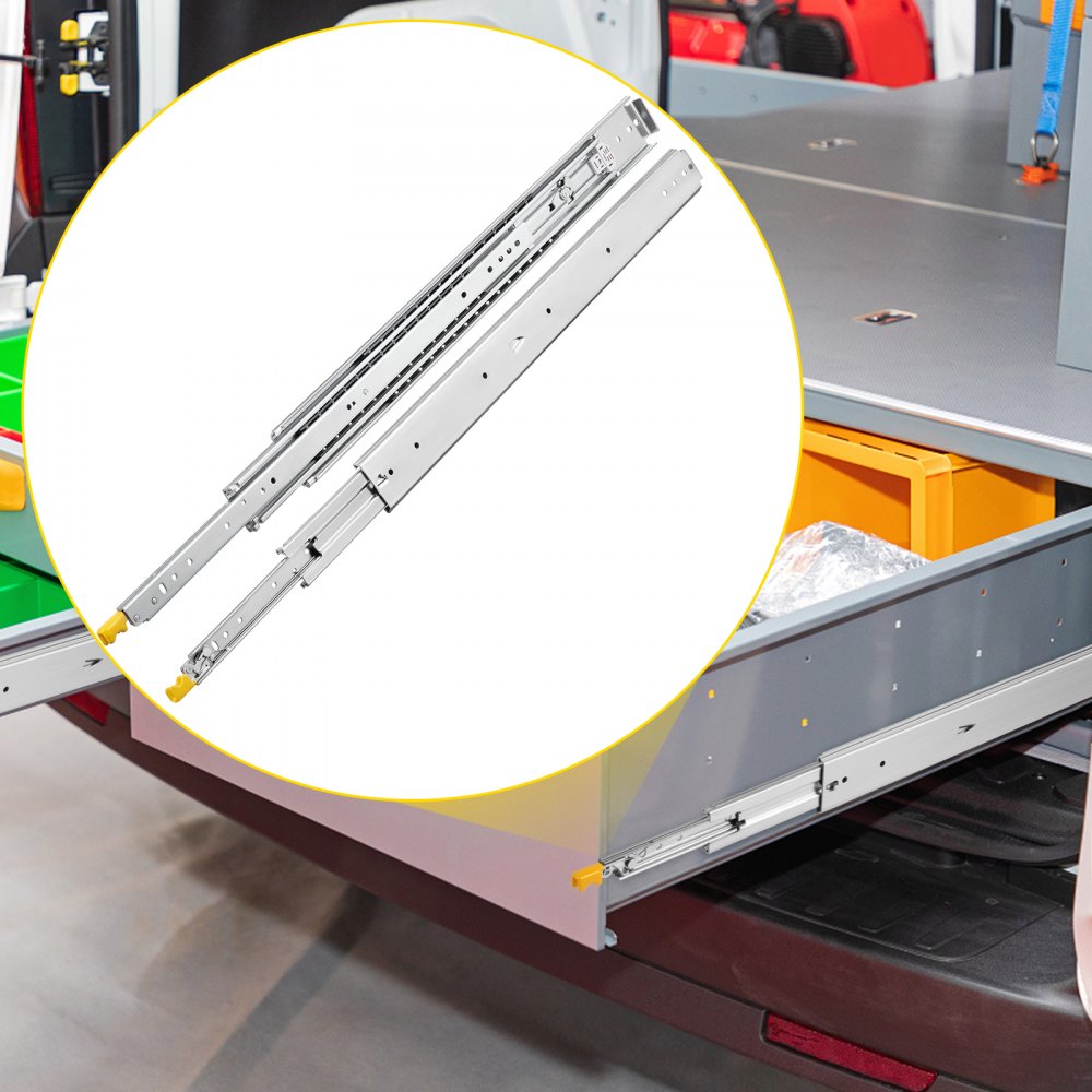 VEVOR drawer slides with lock on an open truck drawer displaying contents.