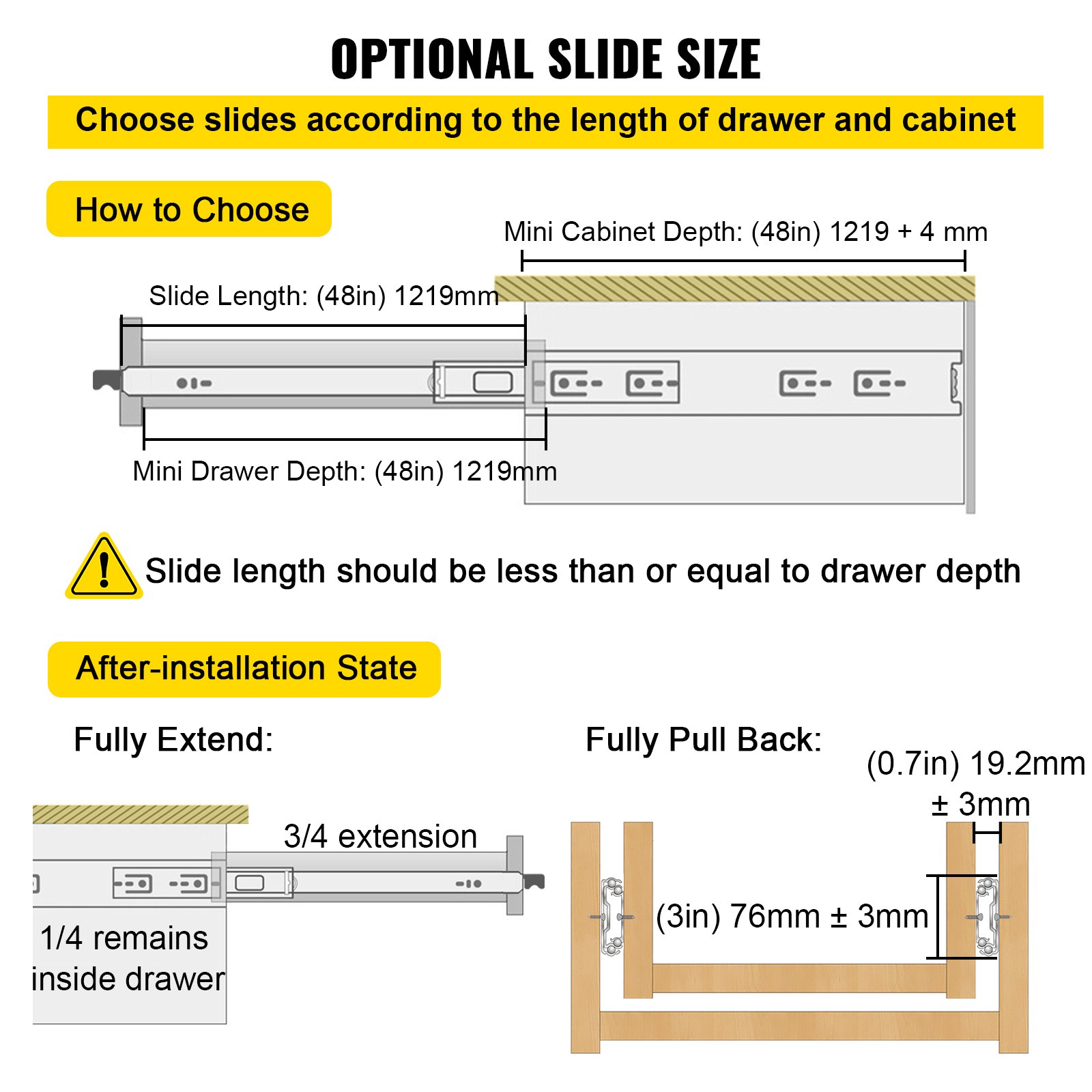 VEVOR drawer slides with lock - choose slide length less than drawer depth for optimal use.