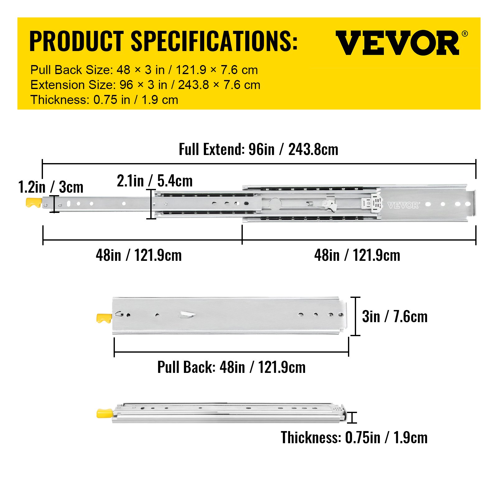 VEVOR drawer slides with lock, dimensions and specifications diagram.