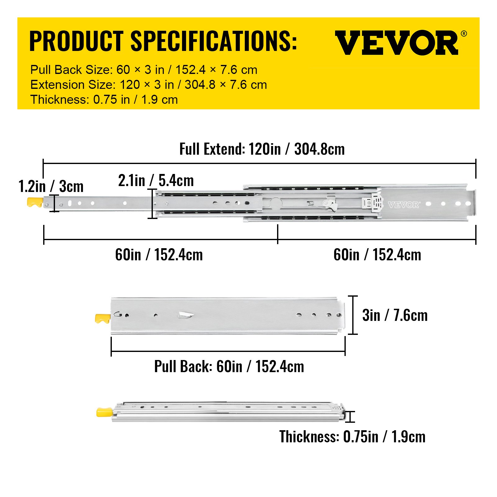 VEVOR drawer slides 60 inch, product specifications, dimensions, and measurements.