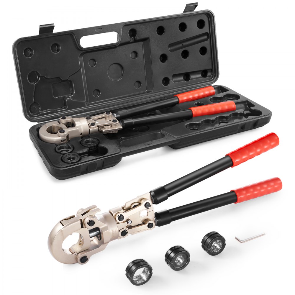 VEVOR Kit de sertissage de raccords de tubes en cuivre, pince à sertir professionnelle avec mâchoires à changement rapide de 1/2", 3/4", 1", outil de sertissage rotatif à 360° et goupille de verrouillage, poignée extensible, conforme aux normes ASTM B88 et B75