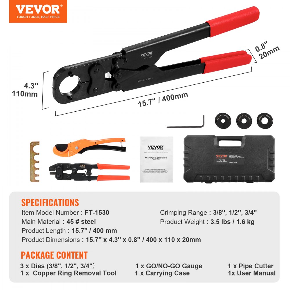 VEVOR PEX Pipe Crimping Tool Kit, Press Crimper for 3/8", 1/2", 3/4", 1" Crimp Rings, with 3 Jaw Dies, PEX Tubing Cutter, Go/No-Go Gauge, Copper Ring Removal Tool, Meets ASTM F1807 Standards