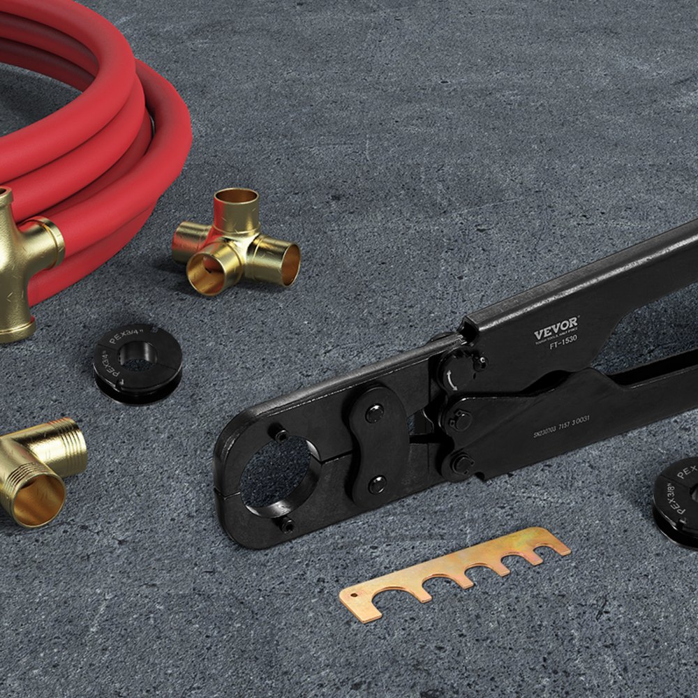 VEVOR PEX Pipe Crimping Tool Kit, Press Crimper for 3/8", 1/2", 3/4", 1" Crimp Rings, with 3 Jaw Dies, PEX Tubing Cutter, Go/No-Go Gauge, Copper Ring Removal Tool, Meets ASTM F1807 Standards