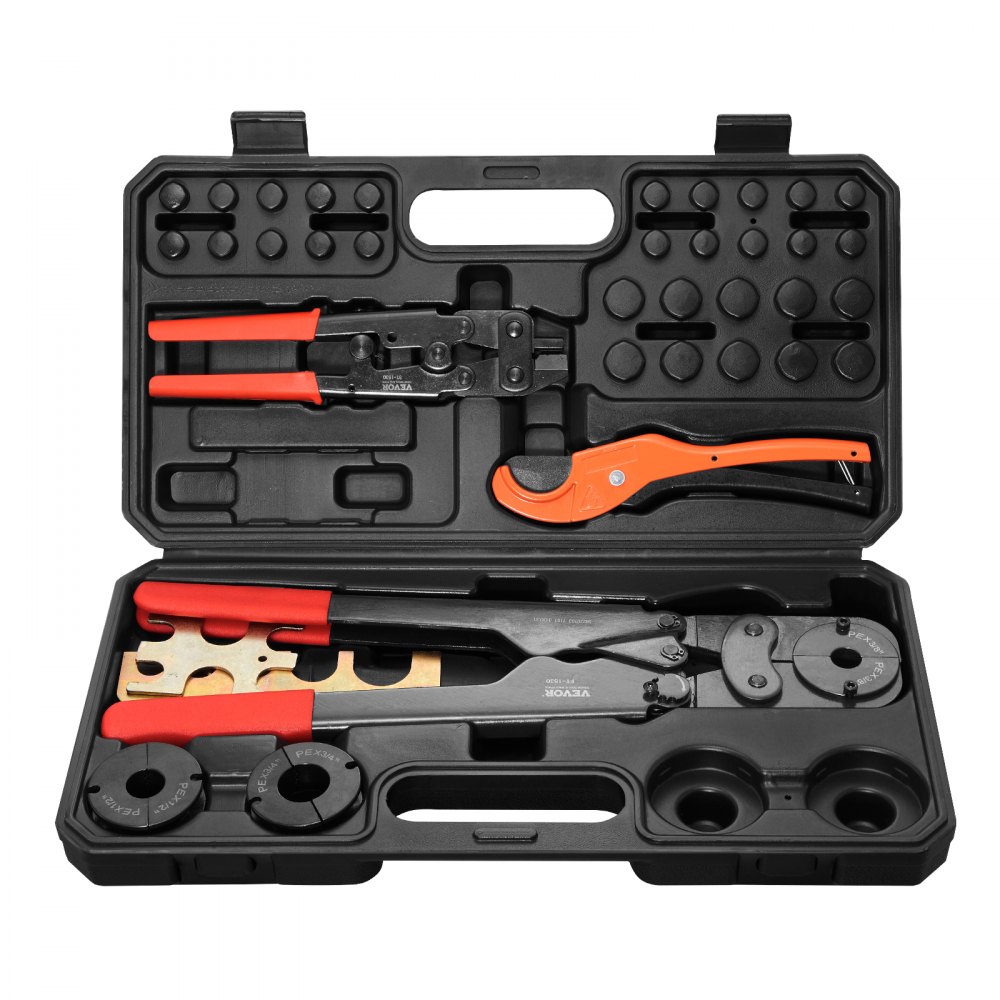 VEVOR PEX Pipe Crimping Tool Kit, Press Crimper for 3/8", 1/2", 3/4", 1" Crimp Rings, with 3 Jaw Dies, PEX Tubing Cutter, Go/No-Go Gauge, Copper Ring Removal Tool, Meets ASTM F1807 Standards