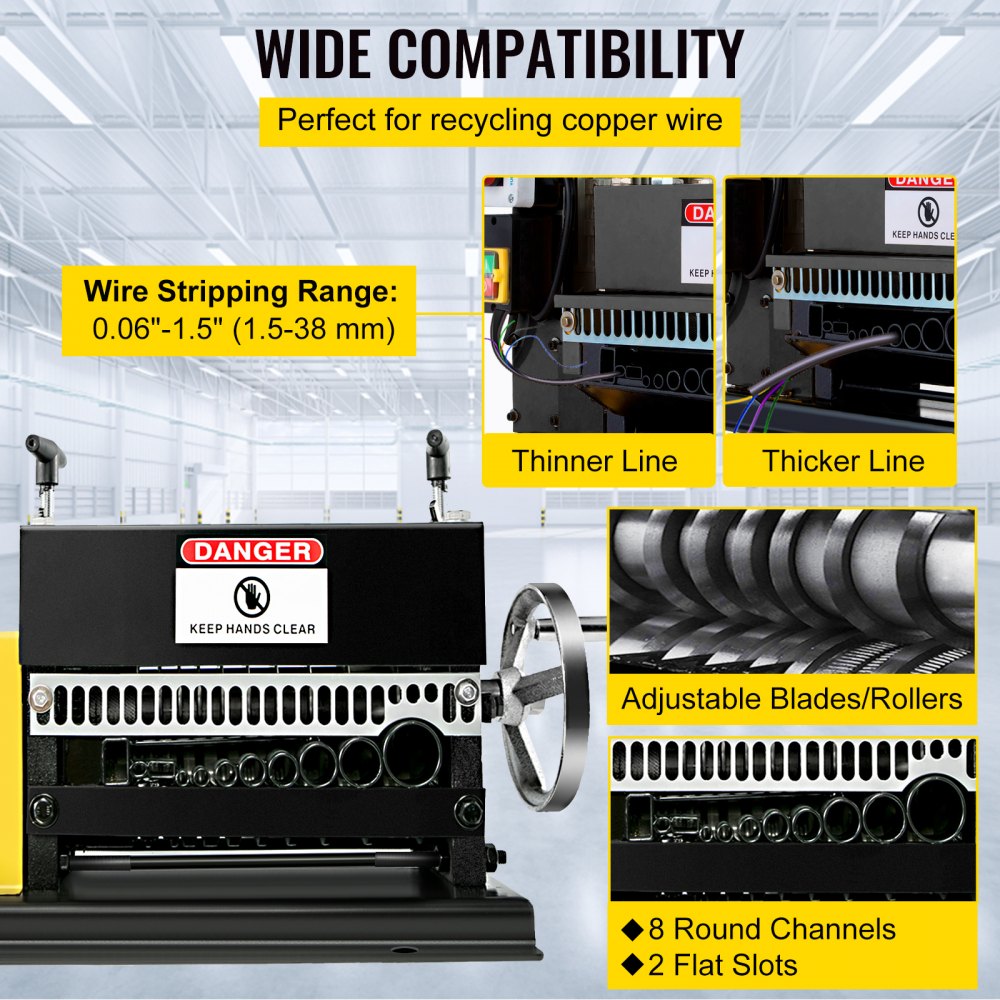 VEVOR Wire Stripping Machine 0.06" -1.5",Automatic or Hand-crank Wire Stripper Machine 11Holes & 10 Blades, Automatic Wire Stripping Tool Motor Rated Speed 1400Rpm,for Recycling Copper Wire