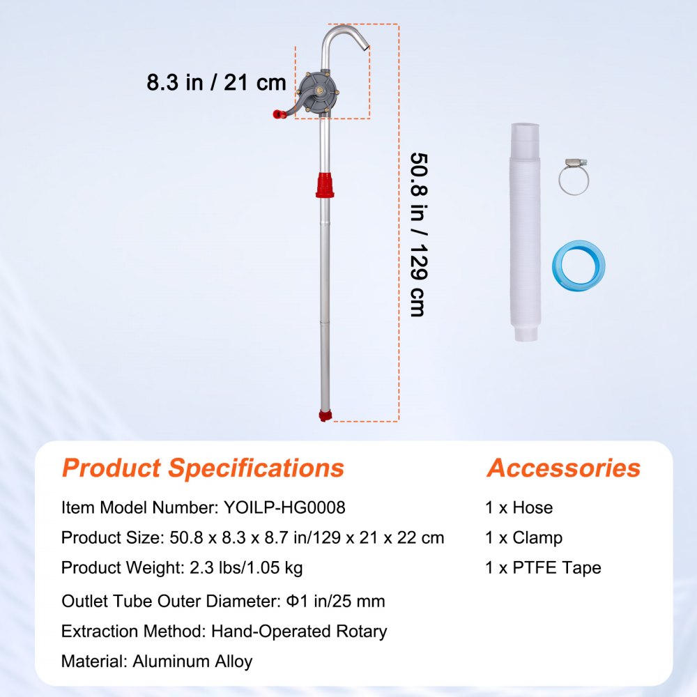 VEVOR Drum Pump, 6 GPM Flow, Rotary Barrel Pump Hand Crank, Fits 5 to 55 Gallon Drums with 3-Section Suction Tube Assembly and Hose, Designed to Transfer Fuel, Oil, Diesel, Kerosene, Aluminum Alloy