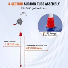 VEVOR Drum Pump, 6 GPM Flow, Rotary Barrel Pump Hand Crank, Fits 5 to 55 Gallon Drums with 3-Section Suction Tube Assembly and Hose, Designed to Transfer Fuel, Oil, Diesel, Kerosene, Aluminum Alloy
