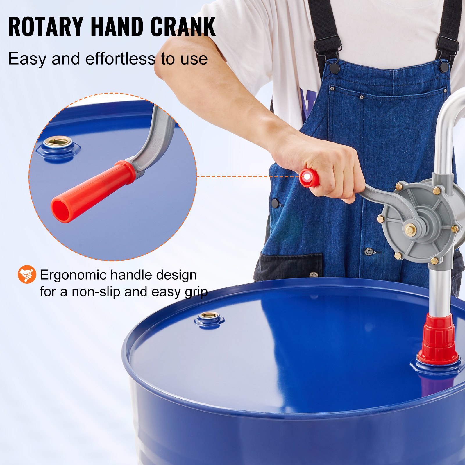 VEVOR Drum Pump, 6 GPM Flow, Rotary Barrel Pump Hand Crank, Fits 5 to 55 Gallon Drums with 3-Section Suction Tube Assembly and Hose, Designed to Transfer Fuel, Oil, Diesel, Kerosene, Aluminum Alloy