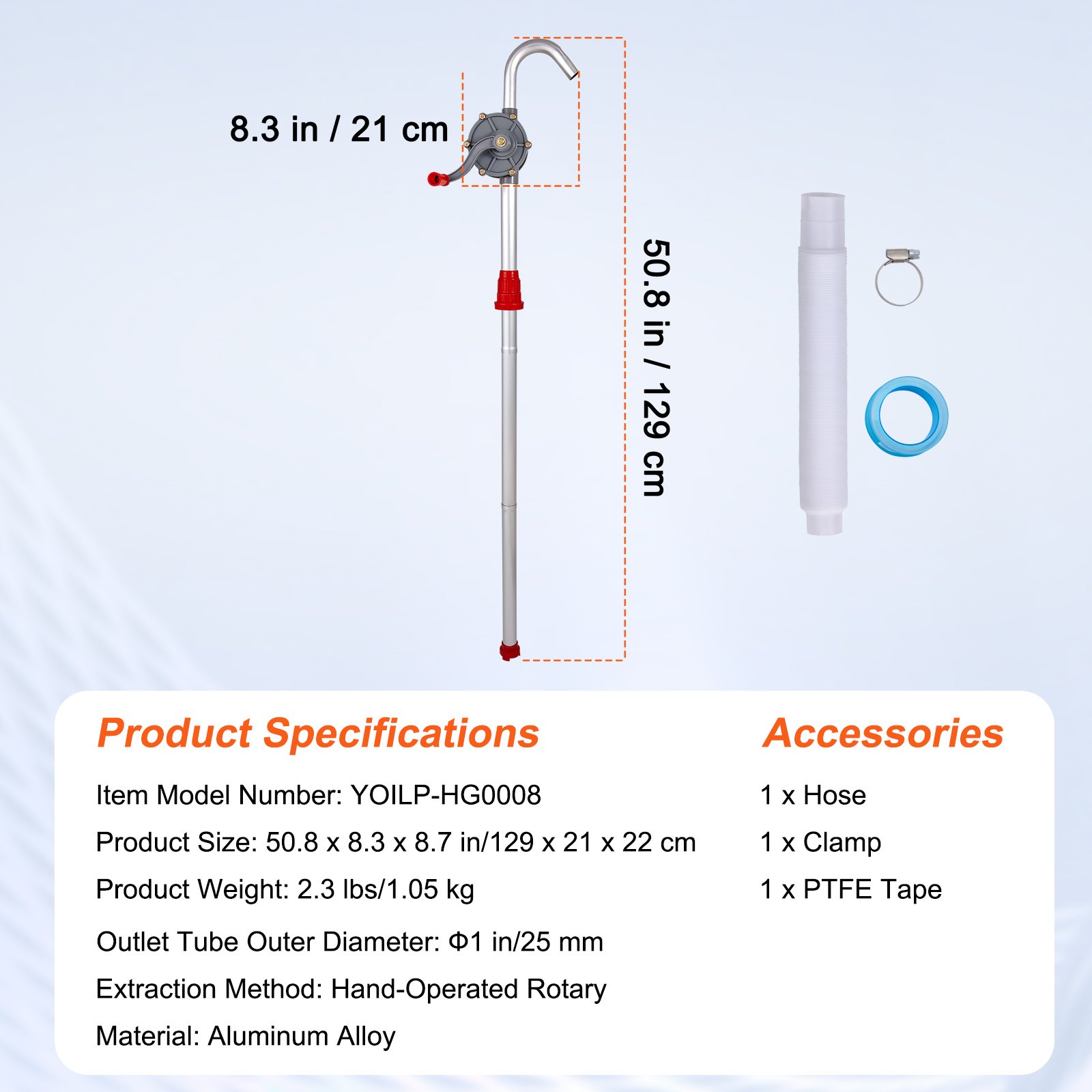 VEVOR Drum Pump, 6 GPM Flow, Rotary Barrel Pump Hand Crank, Fits 5 to 55 Gallon Drums with 3-Section Suction Tube Assembly and Hose, Designed to Transfer Fuel, Oil, Diesel, Kerosene, Aluminum Alloy