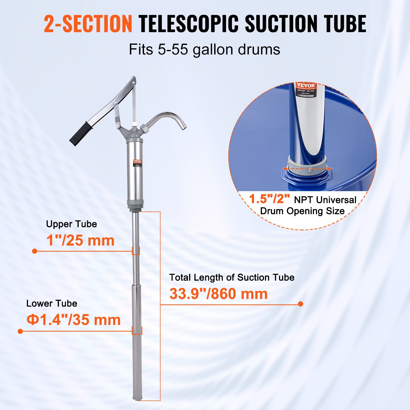VEVOR Drum Pump, 10 oz. Per Stroke, Lever-Action Barrel Pump, Fits 5 to 55 Gallon Drums with 2-Piece Telescopic Suction Tube & Hose, Hand Operated, Designed to Transfer Fuel, Oil, Diesel, Carbon Steel