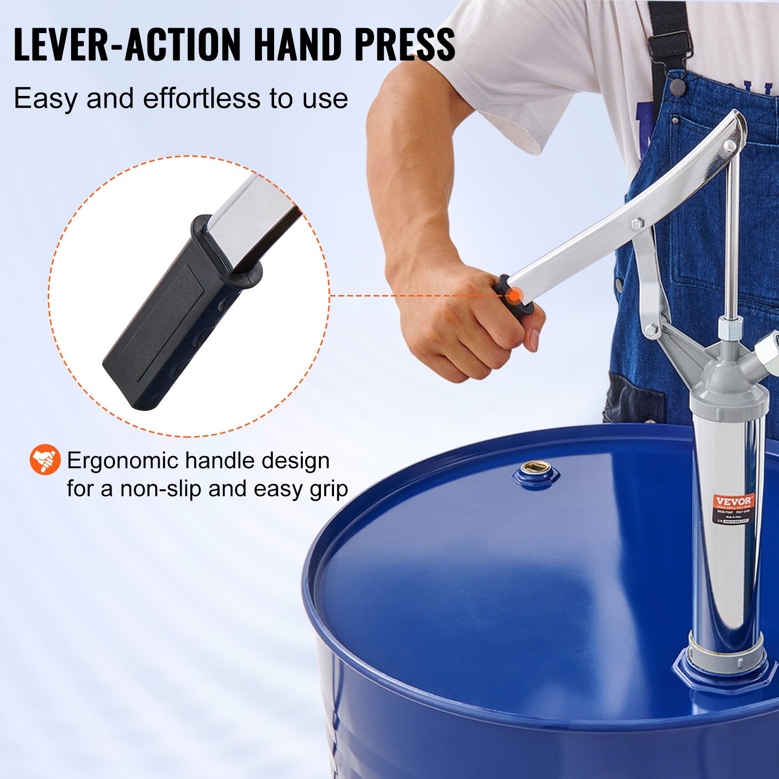 VEVOR Drum Pump, 10 oz. Per Stroke, Lever-Action Barrel Pump, Fits 5 to 55 Gallon Drums with 2-Piece Telescopic Suction Tube & Hose, Hand Operated, Designed to Transfer Fuel, Oil, Diesel, Carbon Steel