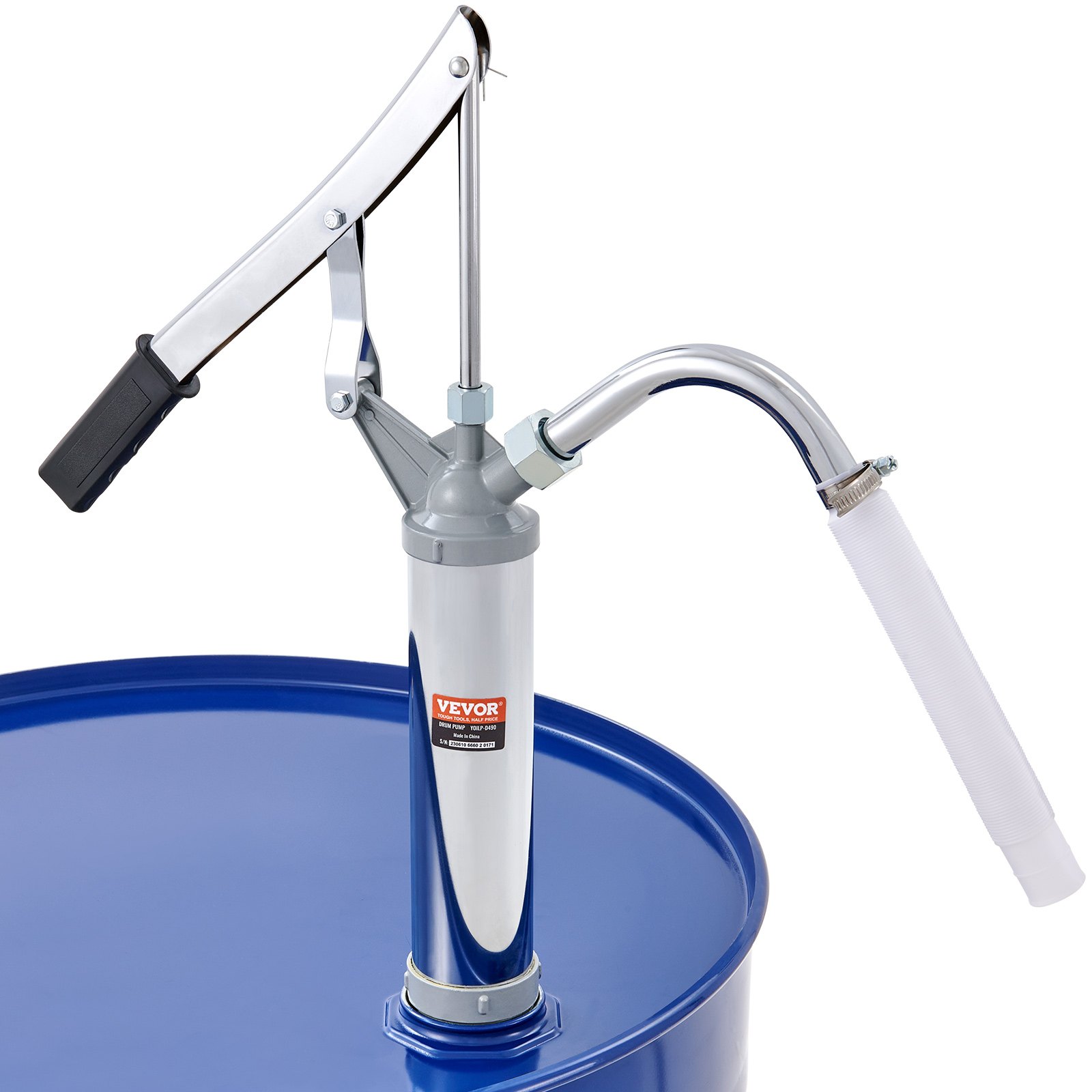 VEVOR Drum Pump, 10 oz. Per Stroke, Lever-Action Barrel Pump, Fits 5 to 55 Gallon Drums with 2-Piece Telescopic Suction Tube & Hose, Hand Operated, Designed to Transfer Fuel, Oil, Diesel, Carbon Steel